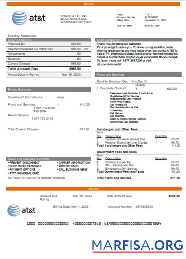 Blank Texas AT&T telecommunications business utility, bill, SCR real example